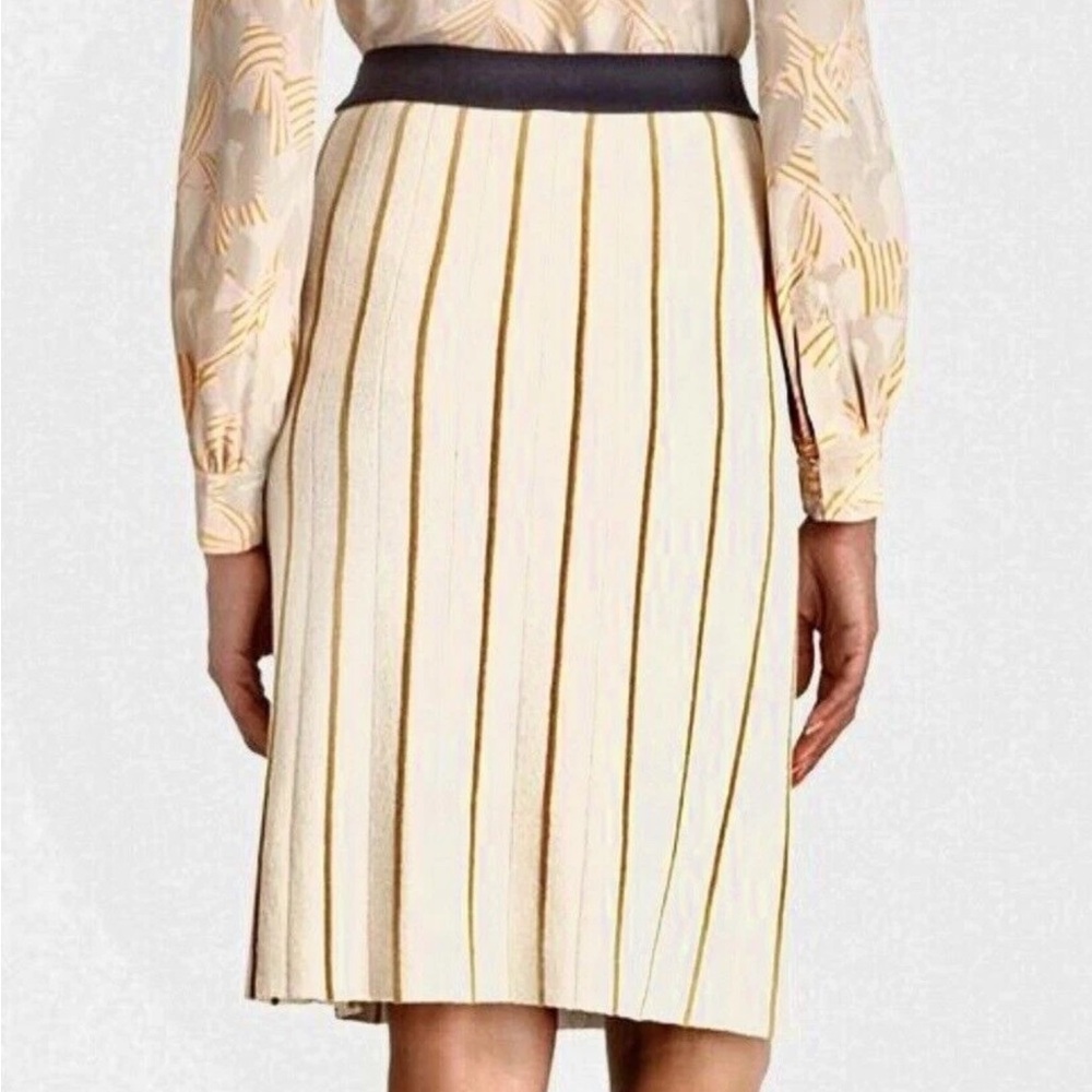 TORY BURCH Lena Ivory Mustard Stripe Knit Pull On Sz M Knee Length Skirt - Picture 2 of 7